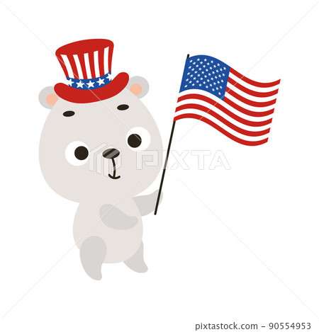 Cute little polar bear holding flag of United States in patriotic hat. Cartoon animal character for kids t-shirt, decoration, baby shower, greeting card, house interior. Vector stock illustration. Cute little polar bear holding flag of United States in patriotic hat. Cartoon animal character for kids t-shirt, decoration, baby shower, greeting card, house interior. Vector stock illustration. 90554953