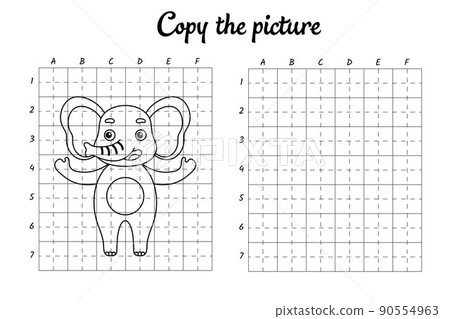 Copy the picture. Draw by grid. Coloring book pages for kids. Handwriting practice, drawing skills training. Education developing printable worksheet. Activity page. Cute cartoon vector illustration 90554963