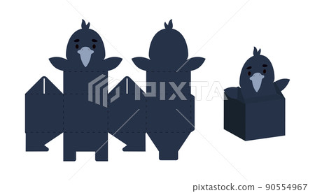 Simple packaging favor box raven design for sweets, candies, small presents. Party package template for any purposes, birthday, baby shower. Print, cut out, fold, glue. Vector stock illustration. 90554967