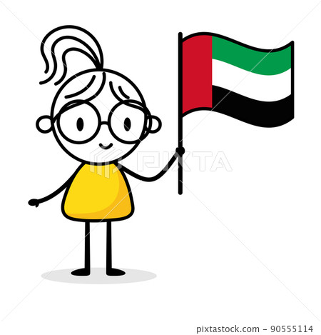 Woman holding flag of United Arab Emirates isolated on white background. Hand drawn doodle line art man. Concept of country. Vector stock illustration. 90555114