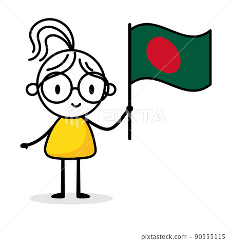 Woman holding flag of Bangladesh isolated on white background. Hand drawn doodle line art man. Concept of country. Vector stock illustration. 90555115