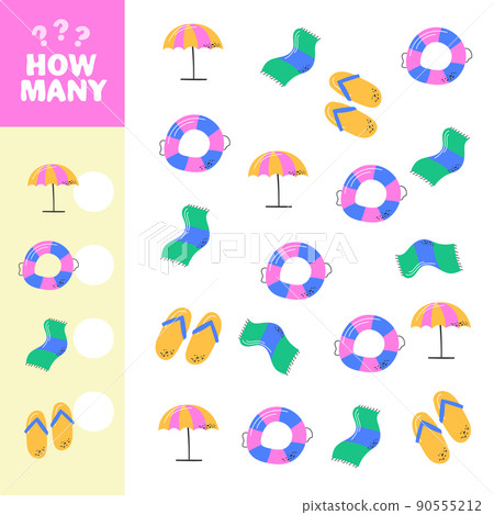 Counting game, how many summer elements. Educational children game Counting game, how many summer elements. Educational children game 90555212