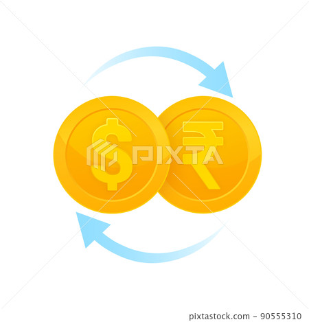 Flat illustration with gold currency exchange Dollar to Rupee concept design. Vector illustration 90555310