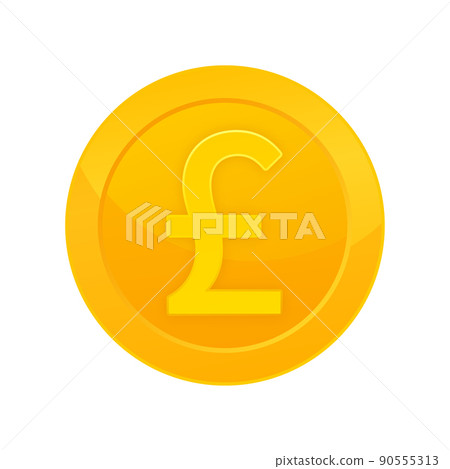 Golden pound coin on gold background. Vector line illustration. Currency 90555313