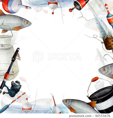 Fishing floats banner, bright elements from different floats for catching fish with a fishing rod, for design, postcards, stickers, scrapbooking, posters, prints 90555676