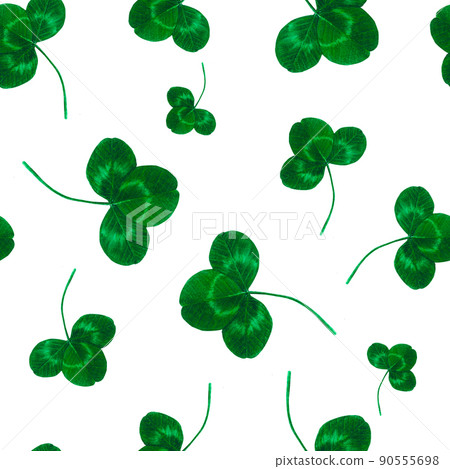Clover pattern Watercolor seamless hand-drawn illustration, isolated on a white background, design of children's clothing, fabrics, template for packaging. Bright design of green 3 leaves of clover 90555698