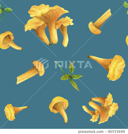 Watercolor seamless pattern with orange mushrooms on a blue background. Fashion design for children with chanterelles. Watercolor design for menu decoration, fabric and printed products. 90555699