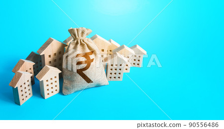Indian rupee money bag surrounded by houses. Real estate investment. Mortgage loan. Budget and funding. Construction industry. Property insurance. Housing appraisal. Valuation. Buying apartments. Indian rupee money bag surrounded by houses. Real estate investment. Mortgage loan. Budget and funding. Construction industry. Property insurance. Housing appraisal. Valuation. Buying apartments. 90556486
