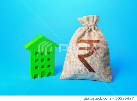 Indian rupee money bag and green Resident building. Investment in green technologies. Reduced emissions and improved energy efficiency. Reducing impact on environment. Investments in housing. Indian rupee money bag and green Resident building. Investment in green technologies. Reduced emissions and improved energy efficiency. Reducing impact on environment. Investments in housing. 90556487