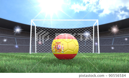 Soccer ball in flag colors on a bright sunny stadium background. Spain. 3D image Soccer ball in flag colors on a bright sunny stadium background. Spain. 3D image 90556584