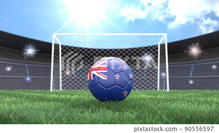 Soccer ball in flag colors on a bright sunny stadium background. New Zealand. 3D image Soccer ball in flag colors on a bright sunny stadium background. New Zealand. 3D image 90556597