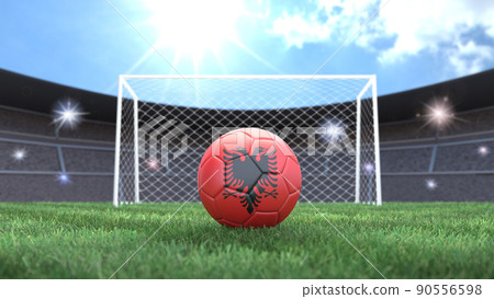 Soccer ball in flag colors on a bright sunny stadium background. Albania. 3D image Soccer ball in flag colors on a bright sunny stadium background. Albania. 3D image 90556598