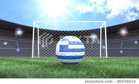 Soccer ball in flag colors on a bright sunny stadium background. Greece. 3D image 90556633