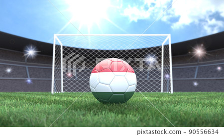 Soccer ball in flag colors on a bright sunny stadium background. Hungary. 3D image 90556634
