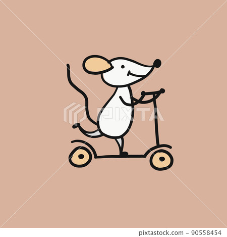 White Mouse riding a scooter. Rental Bike Icons Design, Ecological Green transport. Sketch for your design 90558454