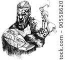 Sketch of viking warrior in full with ax aggressively attacks 90558620