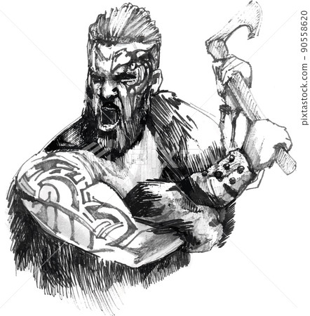 Sketch of viking warrior in full with ax aggressively attacks 90558620