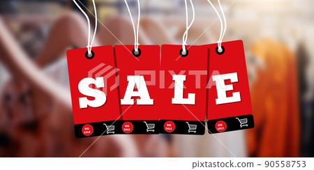 Red hanging sales tags on blur clothing store. Red sale price tag style banner design template. 90558753