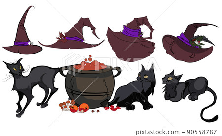 Set of cute black cats in witch hats. Spooky pets. Set of cute black cats in witch hats. Spooky pets. 90558787