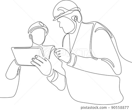 Caucasian worker with helmet on head using tablet Caucasian worker with helmet on head using tablet 90558877