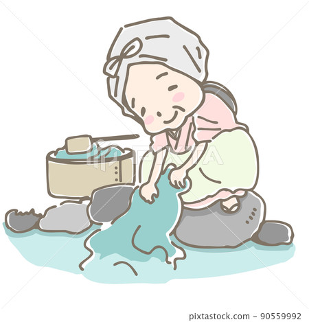 Old-fashioned grandmother doing laundry in the river Old-fashioned grandmother doing laundry in the river 90559992