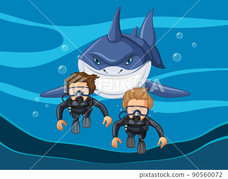 Great white shark and divers in the water 90560072