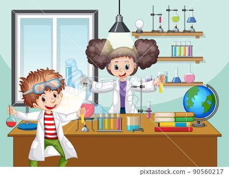 Classroom scene with scientist doing experiment 90560217