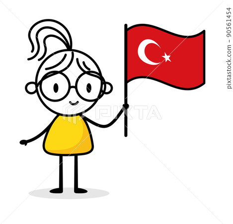 Woman holding flag of Turkey isolated on white background. Hand drawn doodle line art man. Concept of country. Vector stock illustration 90561454