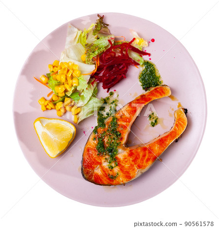 Grilled salmon steak with salad Grilled salmon steak with salad 90561578