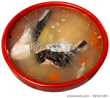 Salmon head soup with potatoes and carrots in clay bowl Salmon head soup with potatoes and carrots in clay bowl 90561589