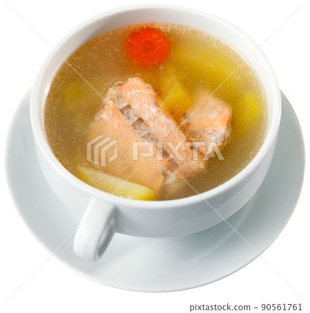 Salmon backbone soup in white tureen served with toasts Salmon backbone soup in white tureen served with toasts 90561761