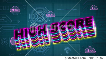 Image of high score text and data processing on blue background Image of high score text and data processing on blue background 90562187