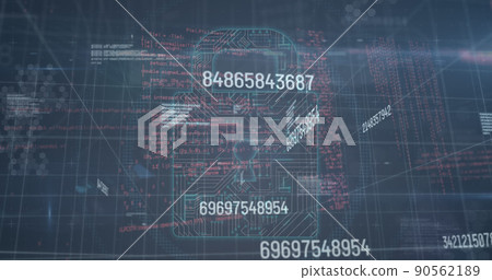 Image of security padlock and data processing over black background 90562189