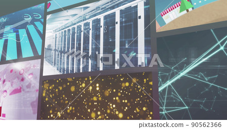 Image of network of connections over man driving forklift working in warehouse 90562366