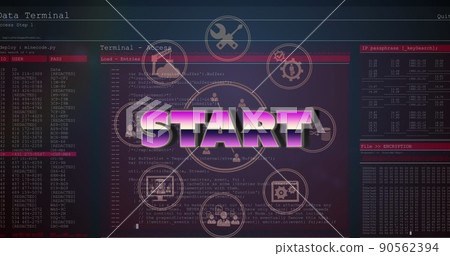 Image of start text and data processing on black background 90562394