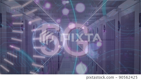 Image of data processing and scope scanning with 5g text over server room Image of data processing and scope scanning with 5g text over server room 90562425