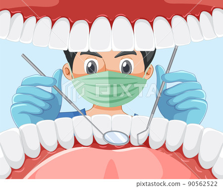 Dentist holding instruments examining patient teeth inside human mouth Dentist holding instruments examining patient teeth inside human mouth 90562522