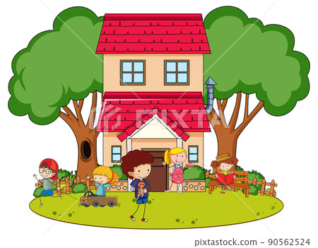 A simple house with kids in nature background A simple house with kids in nature background 90562524