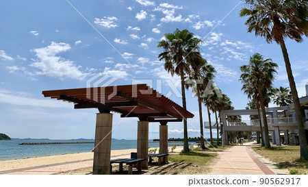 A sandy beach with palm trees and pergolas shining against the blue sky [Kira Waikiki Beach Miyazaki Beach/Nishio City, Aichi Prefecture] 90562917