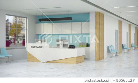 Modern hospital or clinic reception waiting area interior design with reception desk Modern hospital or clinic reception waiting area interior design with reception desk 90563127