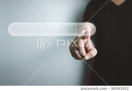 Search engine optimization SEO, Concept of search technology on the Internet, hand using search bar on the website.; 90563952