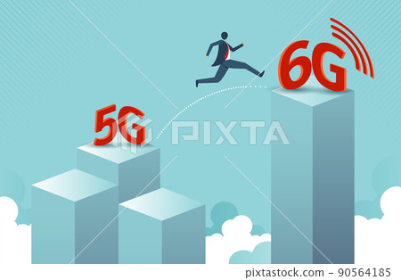 Technology transformation change from 5G to 6G by businessman jumping from 5G building to 6G building on blue sky. connection and internet network concept. vector design Technology transformation change from 5G to 6G by businessman jumping from 5G building to 6G building on blue sky. connection and internet network concept. vector design 90564185
