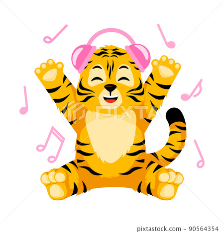 Little Tiger listening music with headphone isolated. Character cartoon striped tiger dancing. 90564354