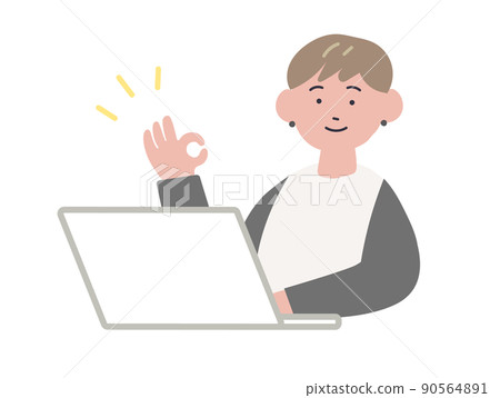 一個女人在電腦上工作的插圖,簽名 OK 一個女人在電腦上工作的插圖,簽名 OK 90564891