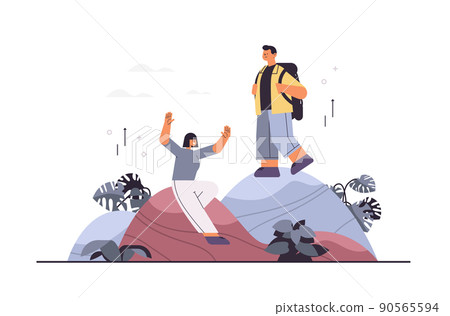 young man woman hikers traveling together with backpacks active vacation physical activities concept 90565594