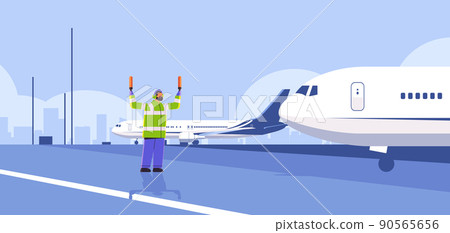 aviation marshaller supervisor near aircraft air traffic controller airline worker in signal vest professional airport staff 90565656
