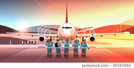 aviation marshallers near airplane air traffic controllers airline worker in signal vests professional airport staff 90565660