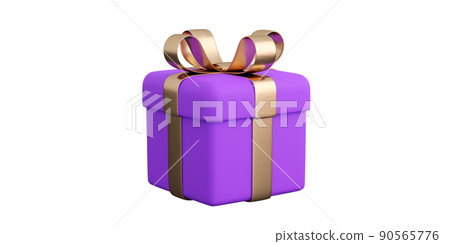 Realistic violet gift box with golden ribbon bow. Concept of abstract holiday, birthday or wedding present or surprise. 3d high quality isolated render Realistic violet gift box with golden ribbon bow. Concept of abstract holiday, birthday or wedding present or surprise. 3d high quality isolated render 90565776