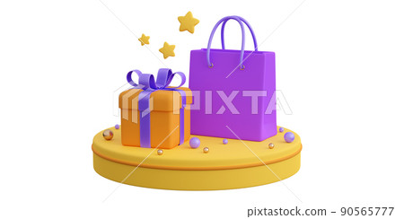 Realistic orange gift boxes with violet paper shopping bag and yellow podium background. Concept of black friday or christmas sales, present or surprise. 3d high quality render Realistic orange gift boxes with violet paper shopping bag and yellow podium background. Concept of black friday or christmas sales, present or surprise. 3d high quality render 90565777
