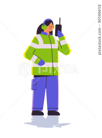 aviation marshaller using walkie talkie woman air traffic controller airline worker in signal vest professional airport staff 90566658